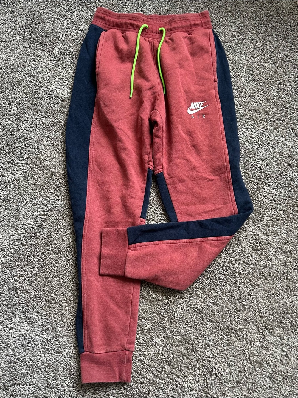 Nike Red and Navy Colorblock Fleece Joggers with Neon Drawstring